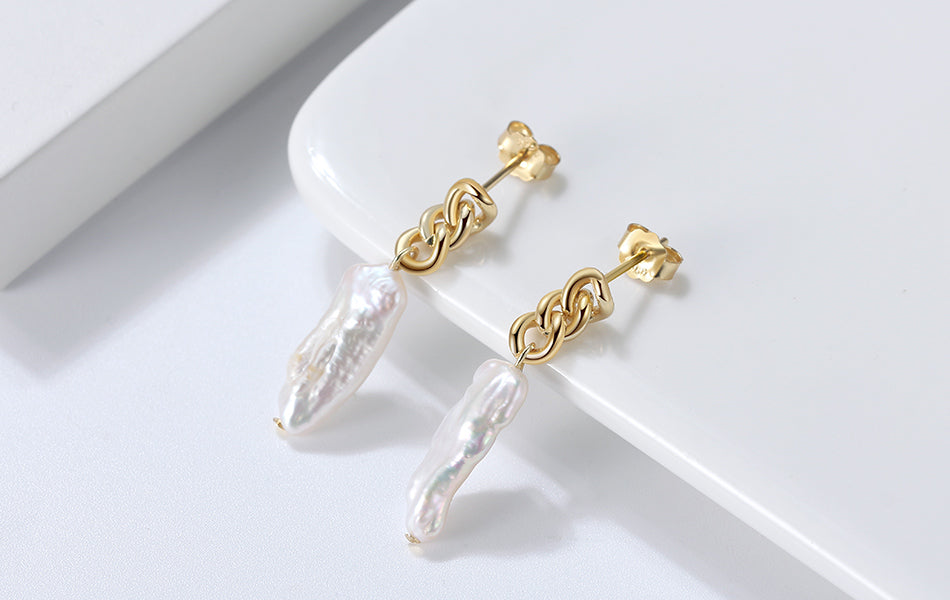 925 sterling silver chain stud earrings with 14K gold plating and natural freshwater baroque pearl drop