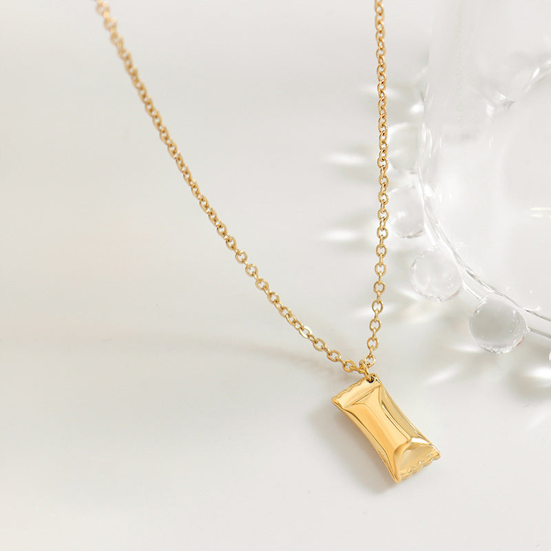 18K gold plated stainless steel pearl pendant necklace with minimalist geometric design, bead chain, adjustable unisex jewelry on white background