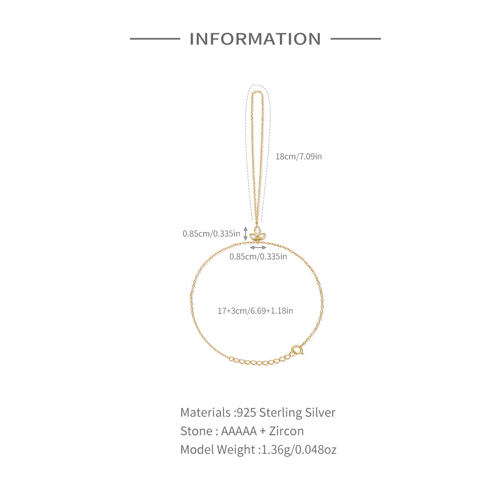 Gold plated 925 sterling silver hand chain bracelet with clover zircon detail and chain link design