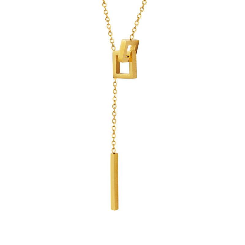 18K gold plated stainless steel geometric tassel pendant necklace with hollow square design and adjustable link chain on white background