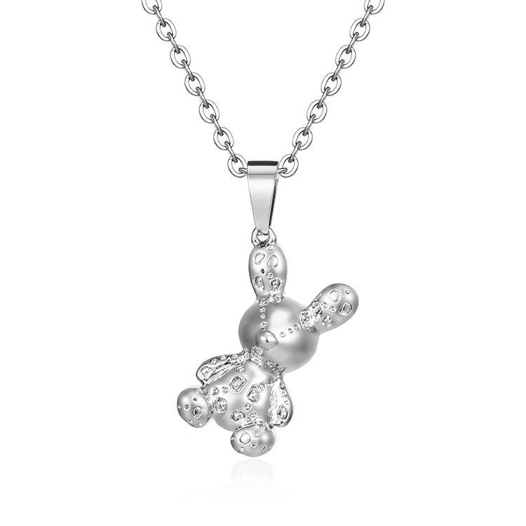 18K silver plated stainless steel bear pendant necklace with cute animal design and link chain on white background