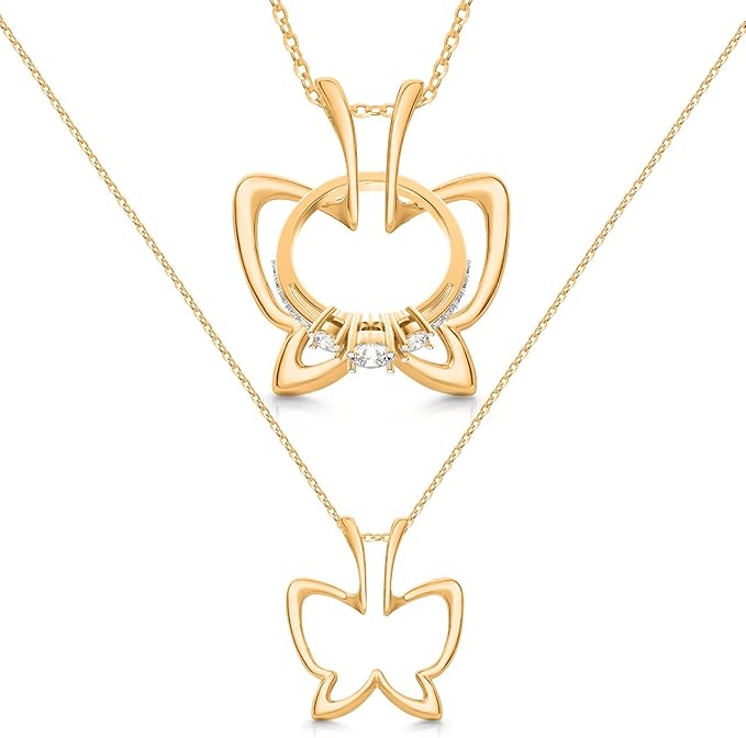 925 Sterling Silver Ring Holder Necklace , Adjustable Ring Keeper Pendant with Butterfly Outline Design (Gold Finish)