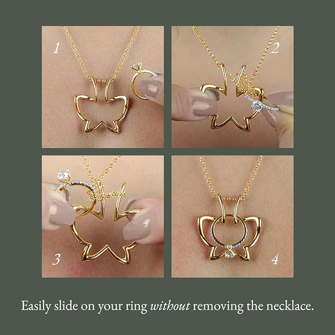 925 Sterling Silver Ring Holder Necklace , Adjustable Ring Keeper Pendant with Butterfly Outline Design (Gold Finish)