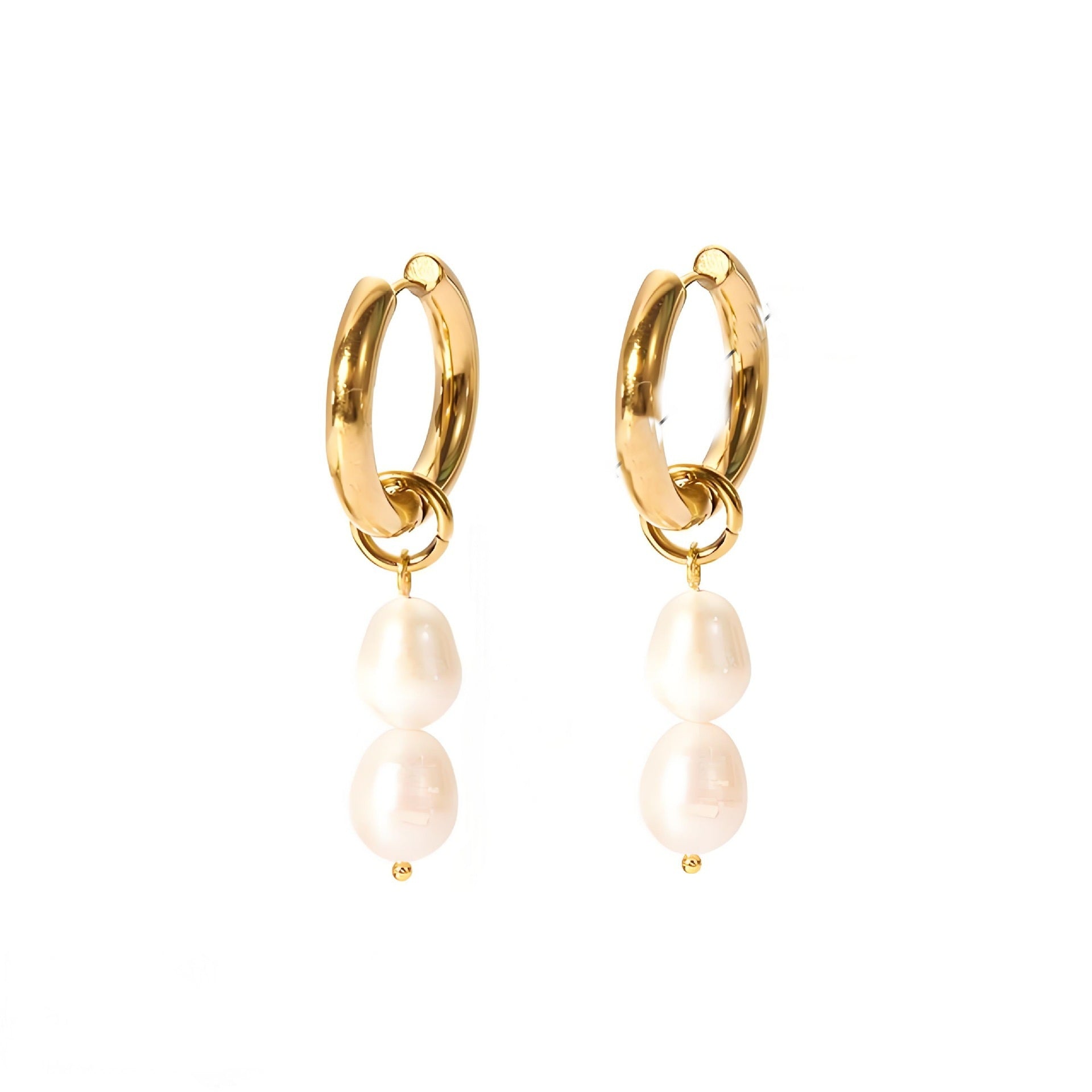 14K Gold Plated Stainless Steel Pearl Drop Hoop Earrings , Freshwater Pearl Dangle Earrings , PVD Titanium Jewelry