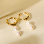 14K Gold Plated Stainless Steel Pearl Drop Hoop Earrings , Freshwater Pearl Dangle Earrings , PVD Titanium Jewelry