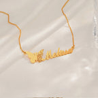 Personalized stainless steel butterfly name necklace with custom name pendant, adjustable 15.7–17.7 inches chain, gold finish worn on model.