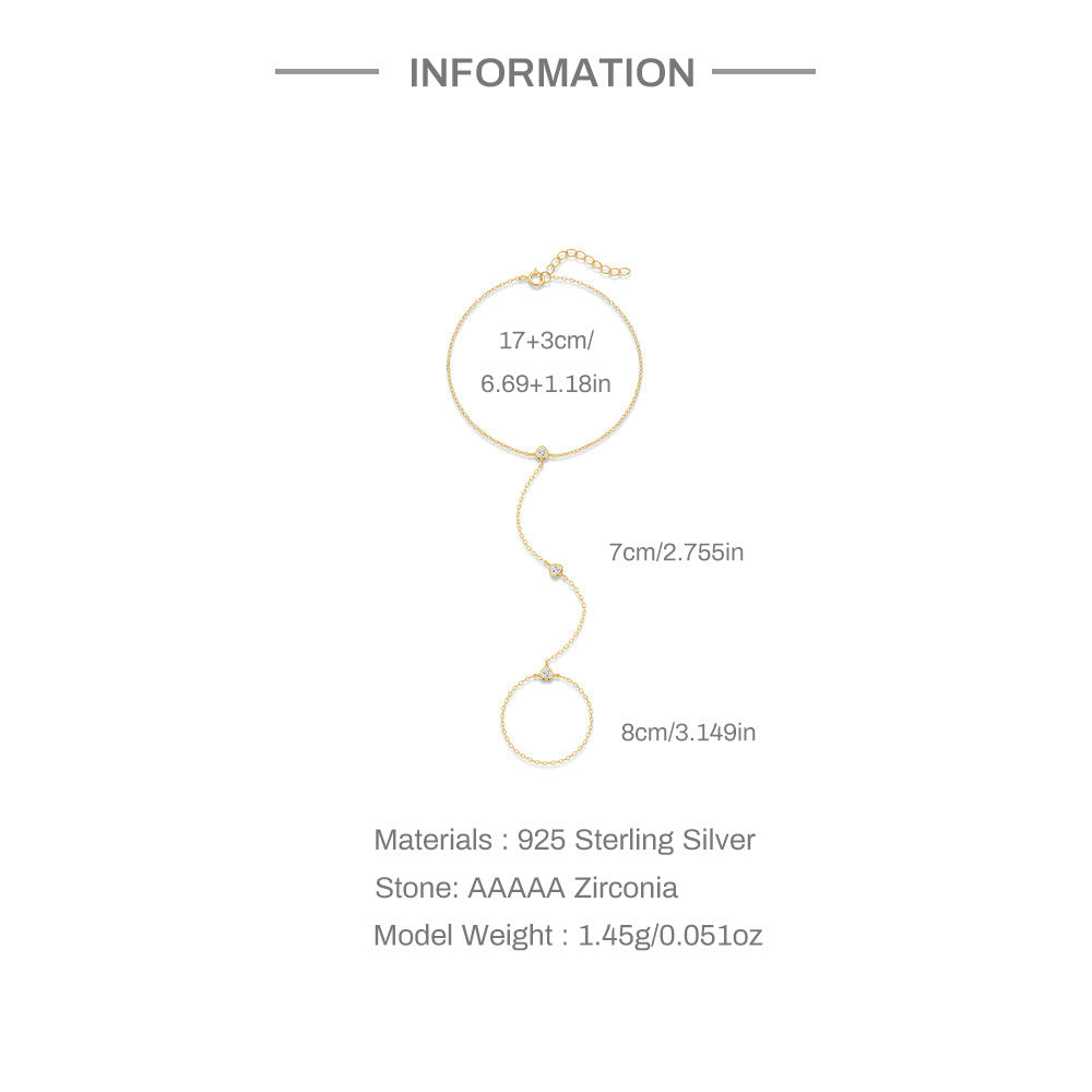 Gold plated 925 sterling silver hand chain bracelet with zirconia accents, adjustable finger bracelet design