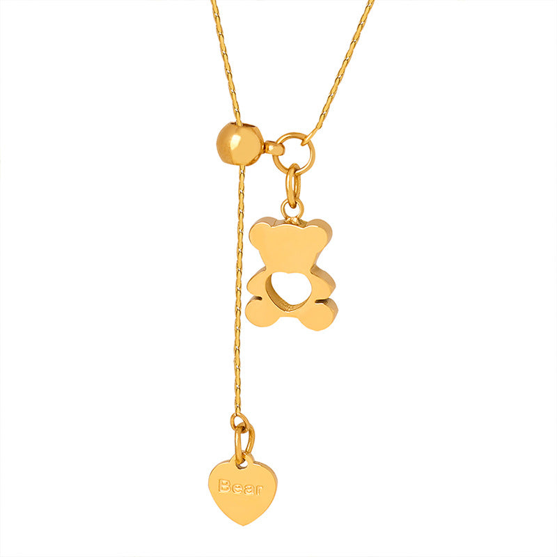 18K gold plated stainless steel bear heart pendant necklace with hollow geometric design and adjustable link chain on white background