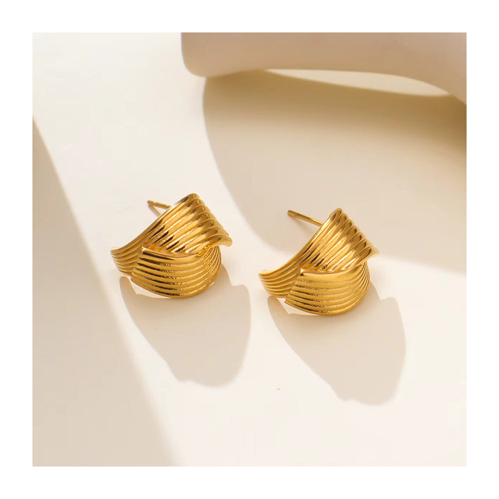 18K gold PVD plated stainless steel geometric stud earrings with layered design and polished finish for women.