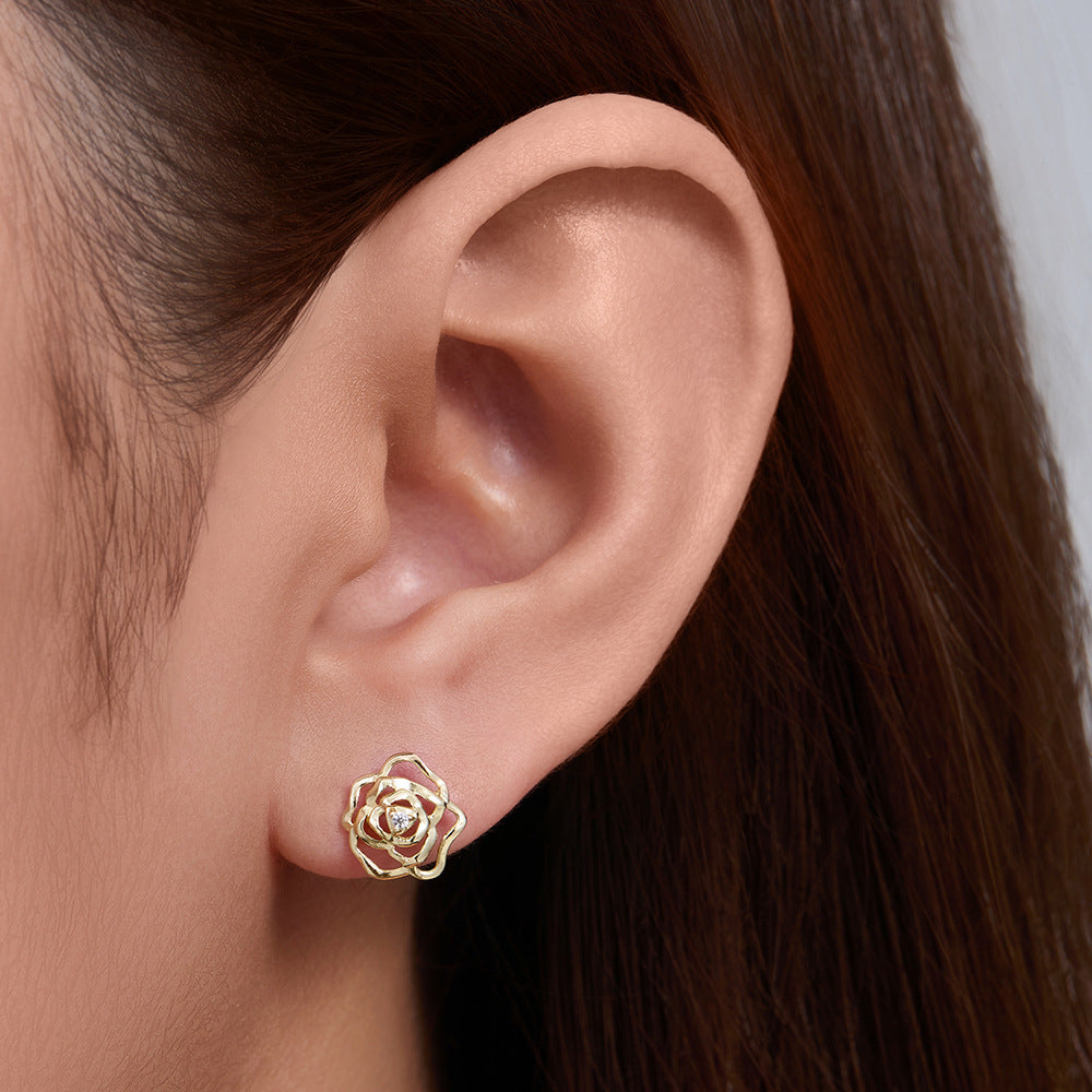 Gold plated 925 sterling silver flower jewelry set with zircon stones including pendant necklace, stud earrings and ring