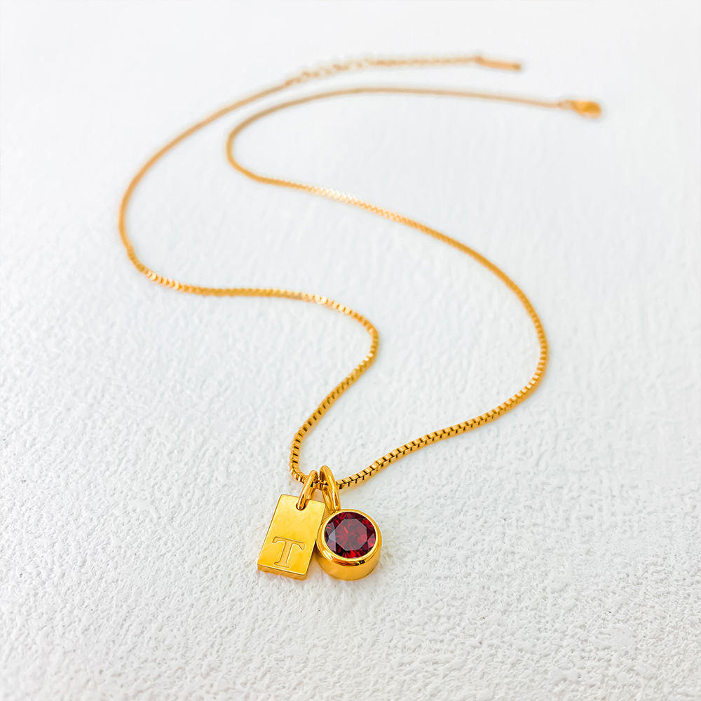 14K gold PVD plated stainless steel personalized necklace with square letter charms and one birthstone pendant, custom initial and birth month design.