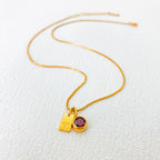 14K gold PVD plated stainless steel personalized necklace with square letter charms and one birthstone pendant, custom initial and birth month design.