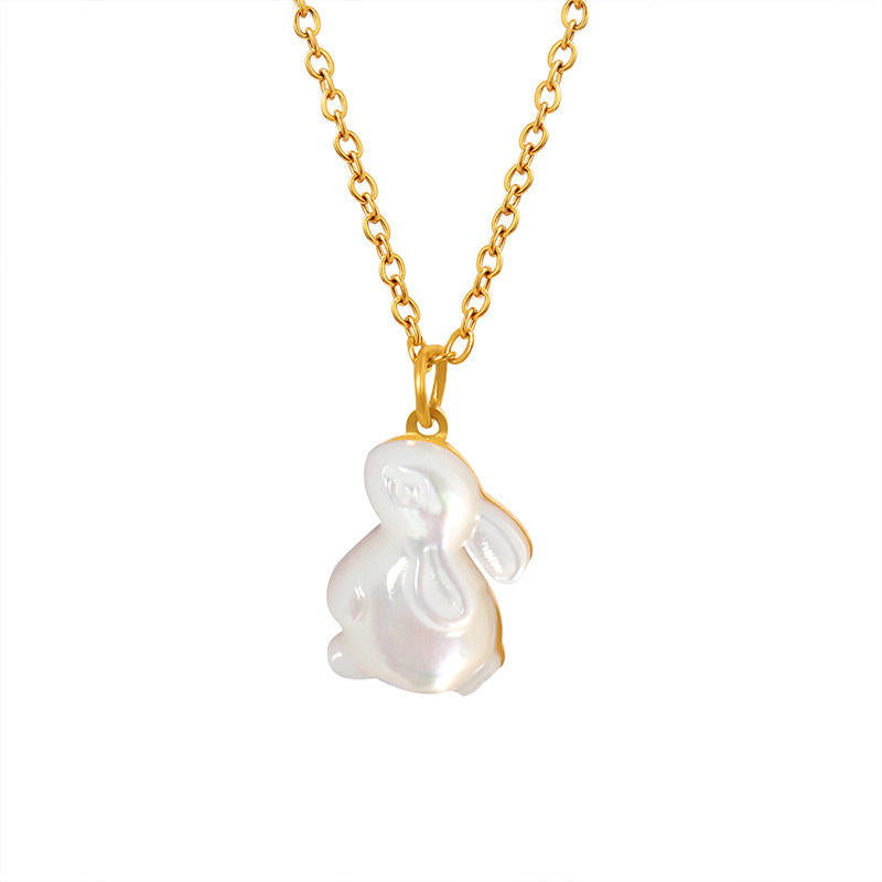 18K gold plated stainless steel rabbit shell pendant necklace with natural shell charm and adjustable link chain on white background