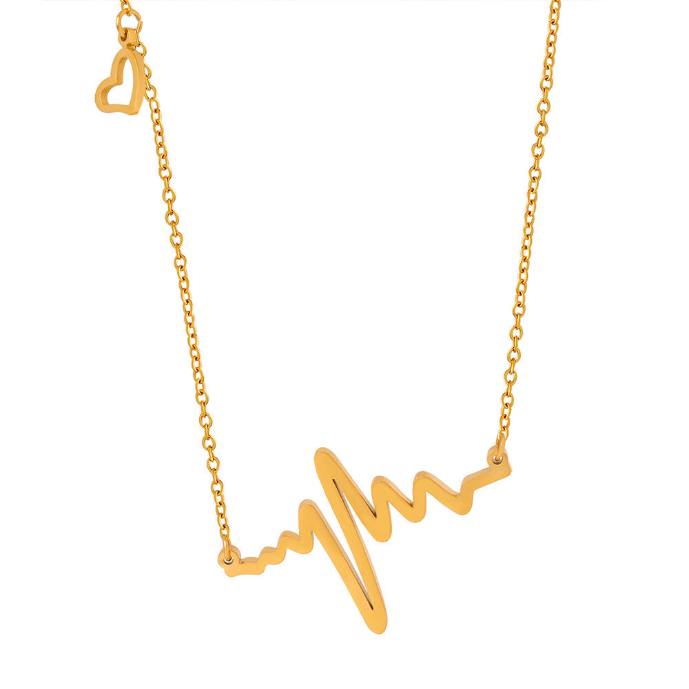18K gold plated stainless steel heartbeat pendant necklace with geometric pulse design and adjustable link chain on white background
