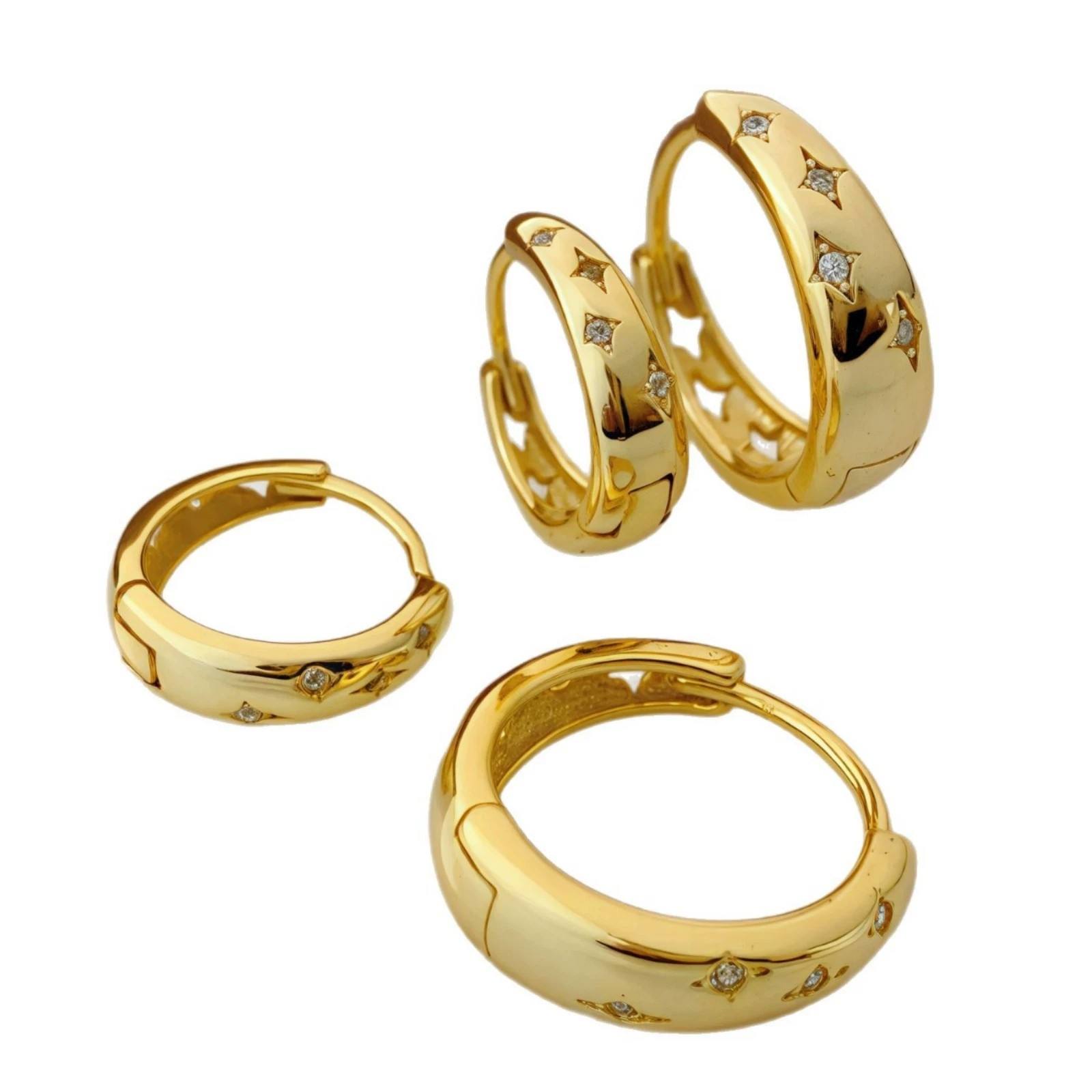 18K gold plated 925 sterling silver huggie hoop earrings with star-set zircon stones, small and large sizes