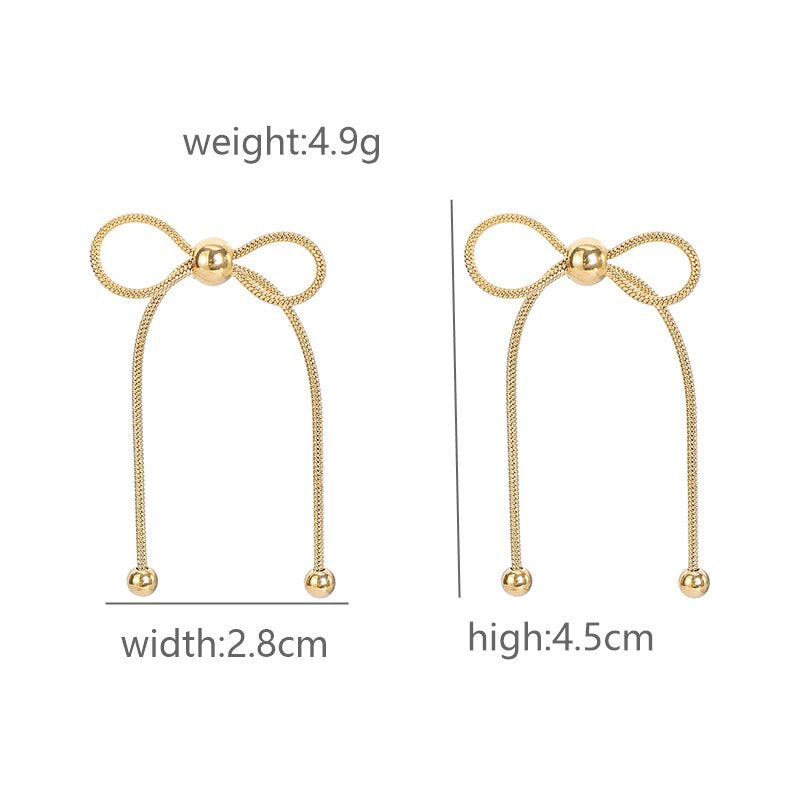 18K gold PVD plated stainless steel bow knot drop earrings with delicate chain design and polished bead accents for women