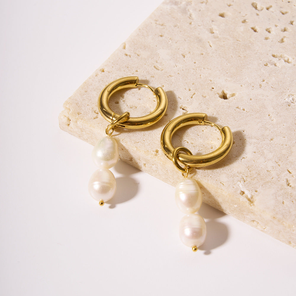 14K Gold Plated Stainless Steel Pearl Drop Hoop Earrings , Freshwater Pearl Dangle Earrings , PVD Titanium Jewelry