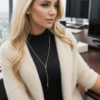 18K gold plated stainless steel knotted pendant necklace with long adjustable chain, geometric trendy women’s jewelry on white background