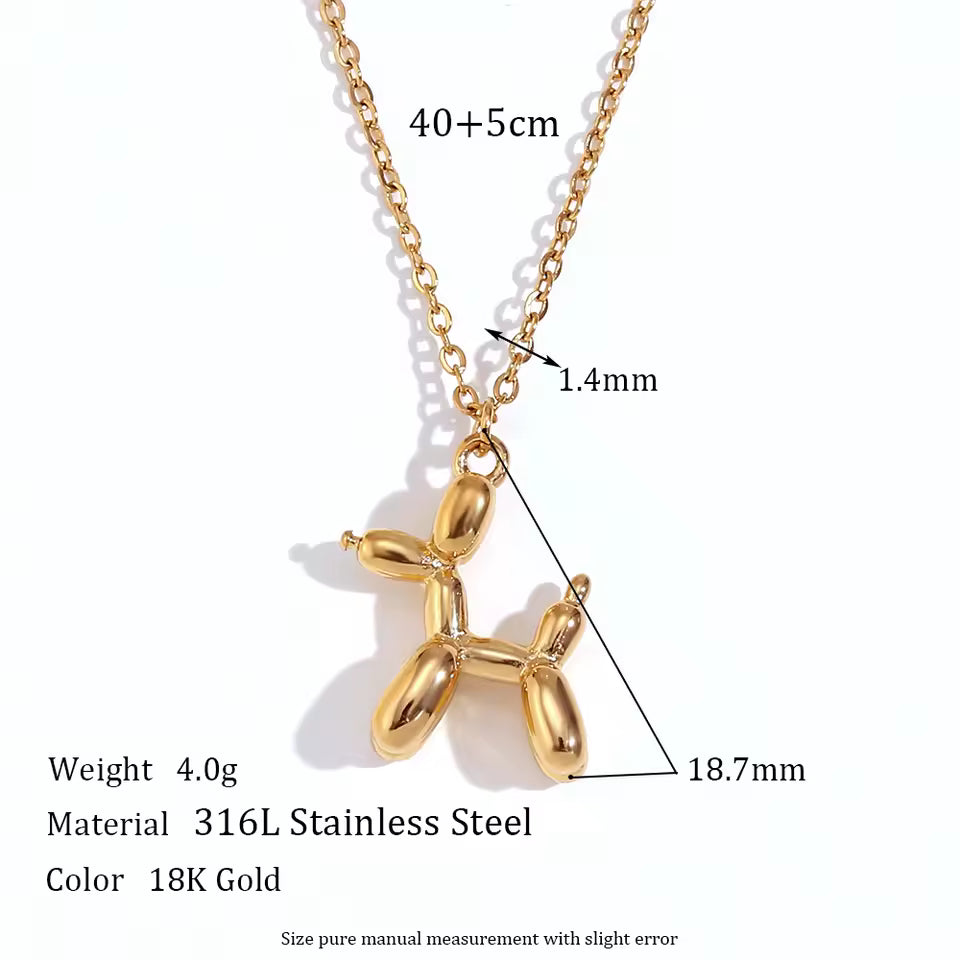 18K gold plated stainless steel balloon dog pendant necklace with cute animal design on a link chain, unisex jewelry on white background