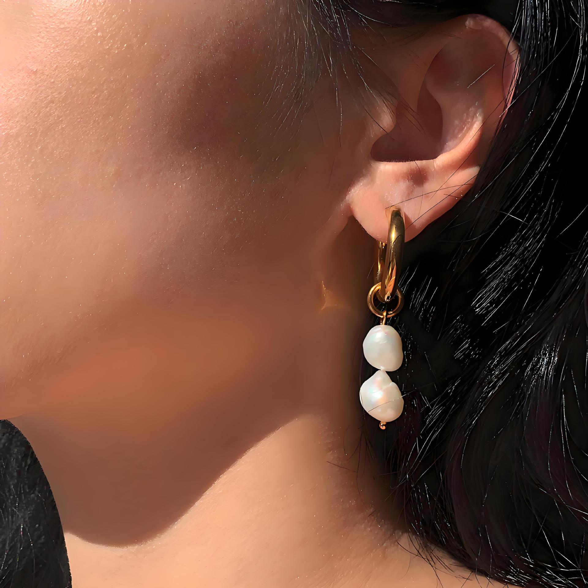 14K Gold Plated Stainless Steel Pearl Drop Hoop Earrings , Freshwater Pearl Dangle Earrings , PVD Titanium Jewelry