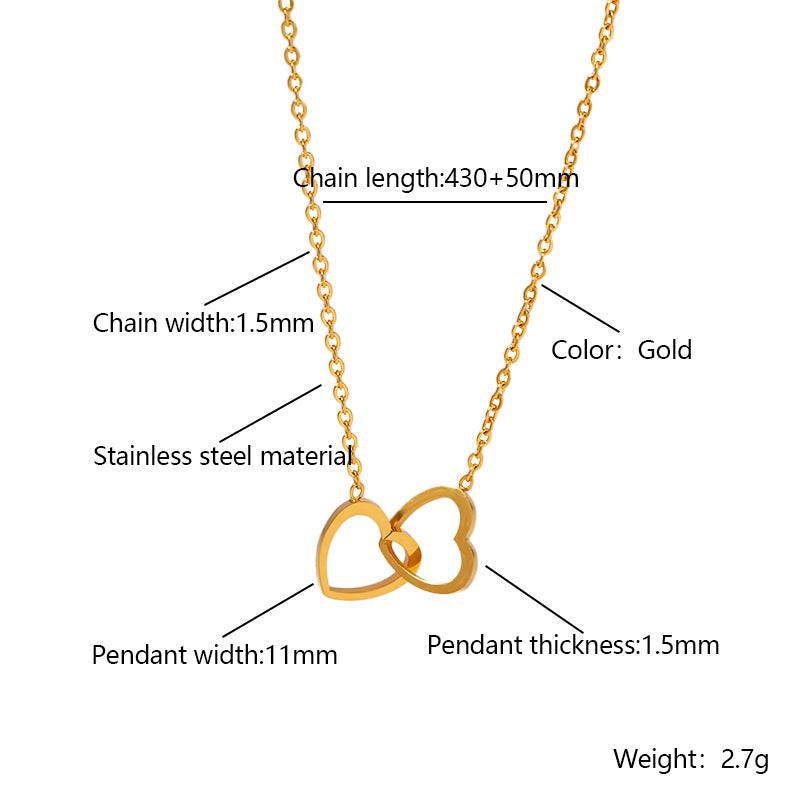 Stainless steel 18K gold PVD plated interlocking heart pendant necklace with minimalist geometric design on fine chain.