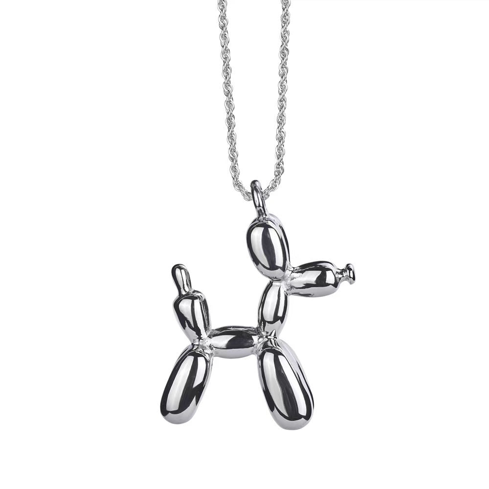 18K gold plated stainless steel balloon dog pendant necklace with cute animal design on a link chain, unisex jewelry on white background