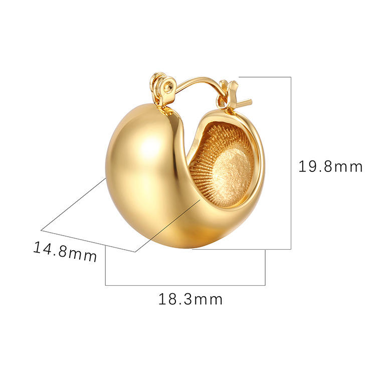 Chunky C-shaped gold plated stainless steel hoop earrings for women, high polish finish, 19 × 15 mm size.