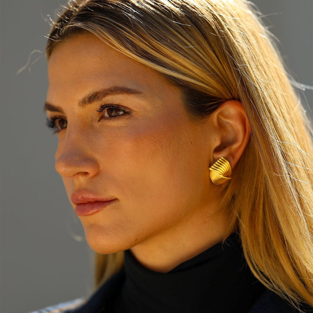 18K gold PVD plated stainless steel geometric stud earrings with layered design and polished finish for women.