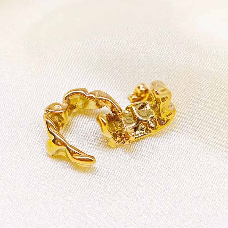 18K gold plated 316L stainless steel twisted C-shape hoop earrings with braided geometric design for women.