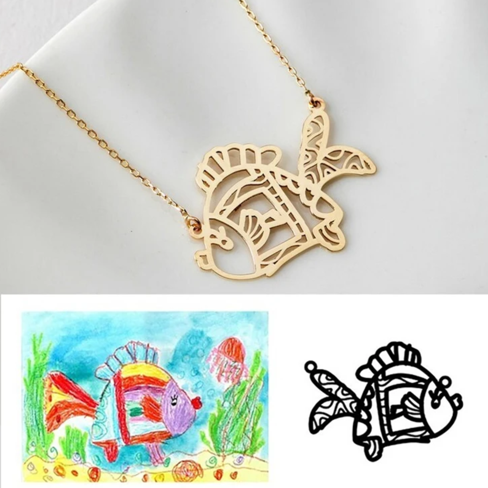 Custom children’s drawing necklace made from kid artwork, personalized stainless steel jewelry
