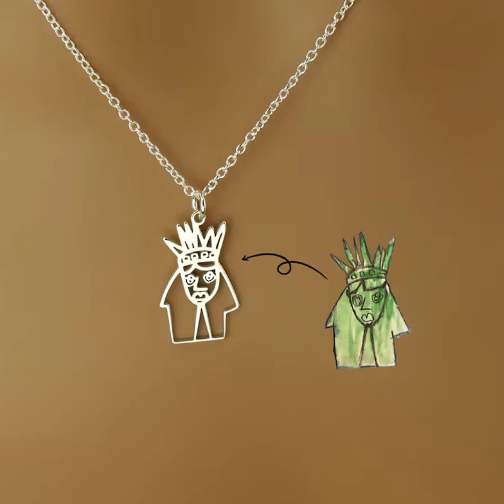 Custom children’s drawing necklace made from kid artwork, personalized stainless steel jewelry