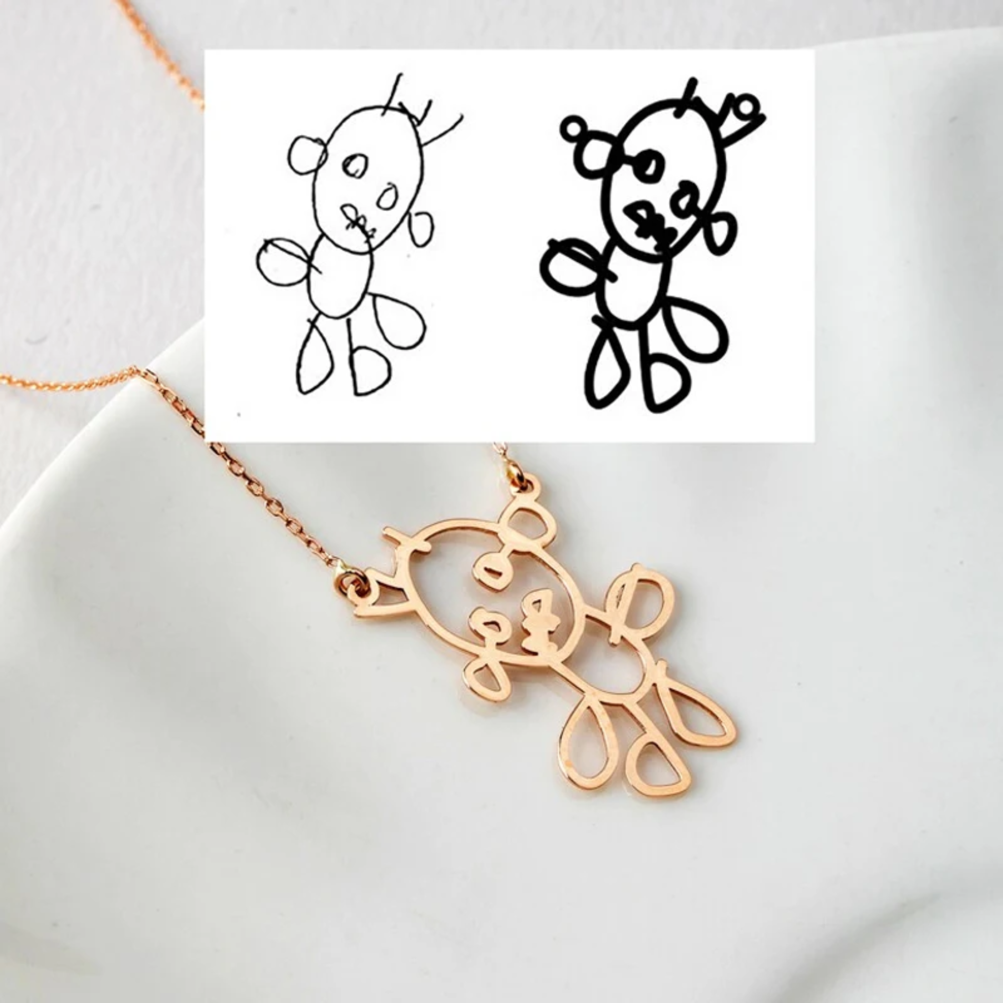 Custom children’s drawing necklace made from kid artwork, personalized stainless steel jewelry