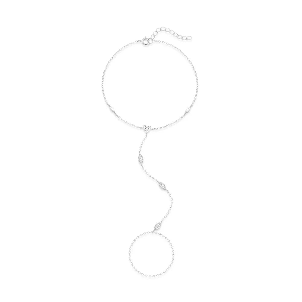 Gold plated 925 sterling silver hand chain bracelet with marquise evil eye detail and AAAAA cubic zirconia