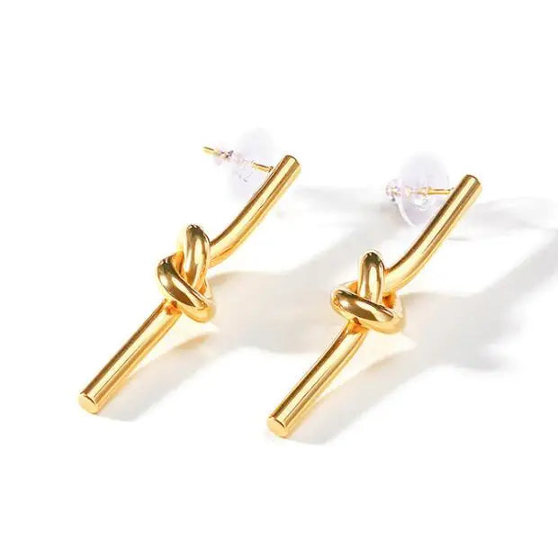 18K gold plated 316L stainless steel knotted earrings for women, trendy minimalist design with polished finish.