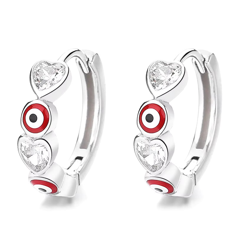 925 Sterling Silver Evil Eye Hoop Earrings with Blue & Red Zircon Heart