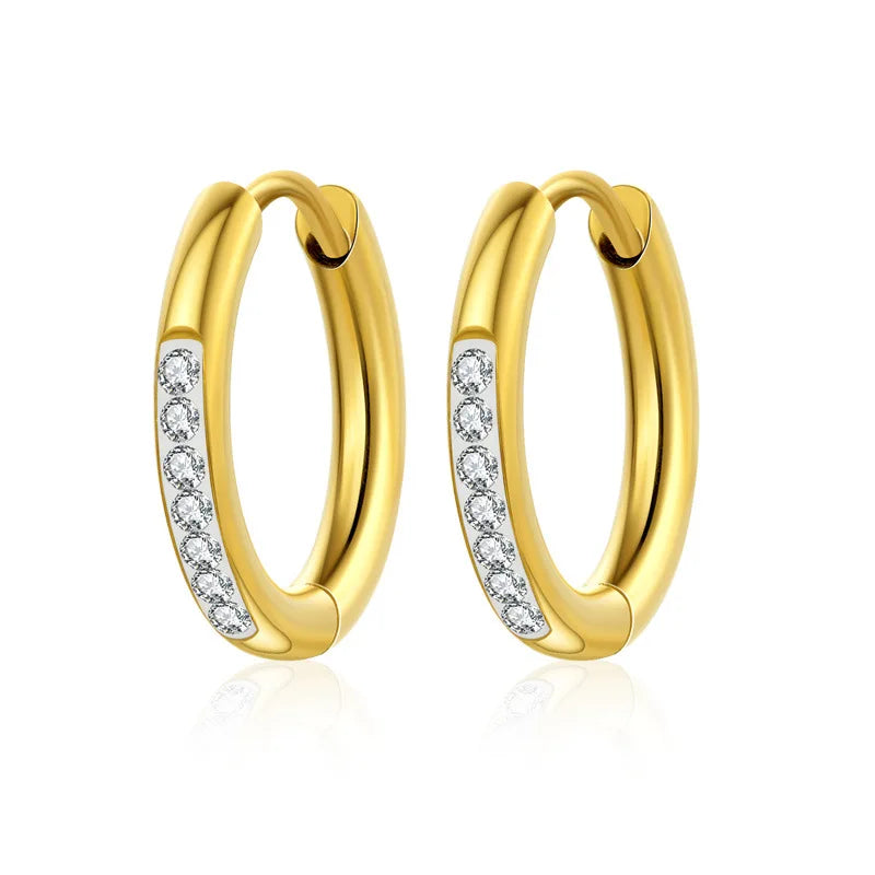 Stainless Steel Gold PVD Plated Zircon Hoop Earrings • Titanium Steel Geometric Round Earrings