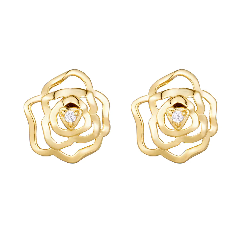 Gold plated 925 sterling silver flower jewelry set with zircon stones including pendant necklace, stud earrings and ring