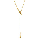 18K gold plated stainless steel knotted pendant necklace with long adjustable chain, geometric trendy women’s jewelry on white background