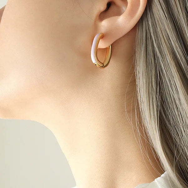 Gold PVD plated stainless steel U-shaped earrings with glossy enamel color accent, modern geometric design for women.