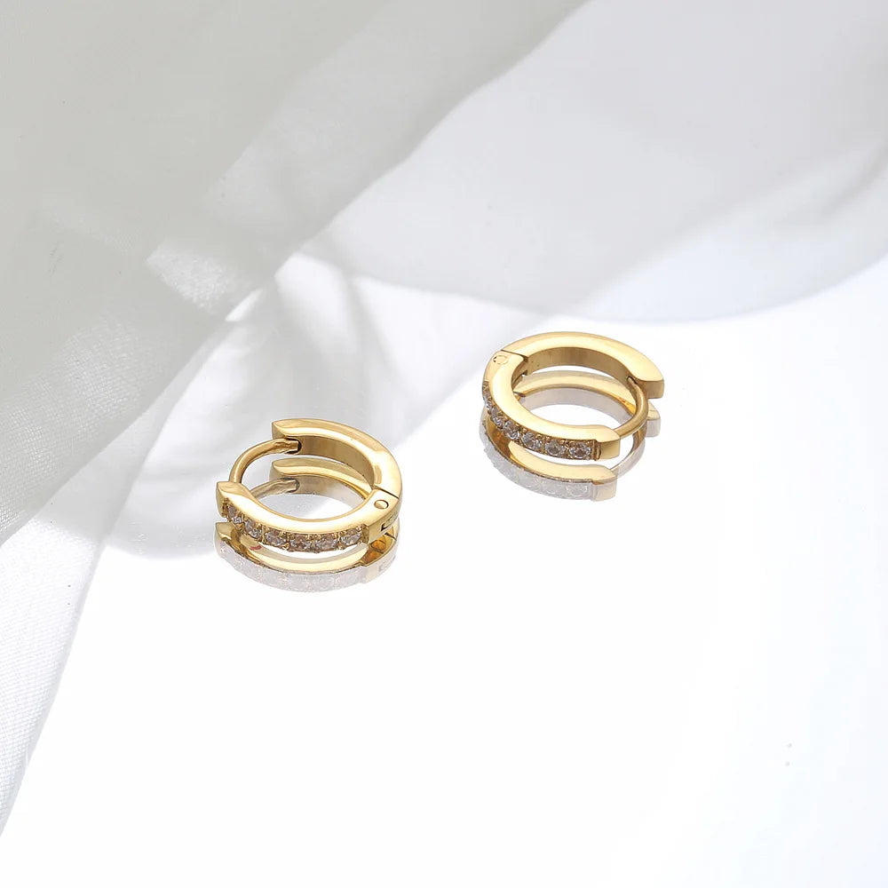 PVD Gold Plated Stainless Steel Geometric Hoop Earrings , CZ Titanium Steel Earrings for Women