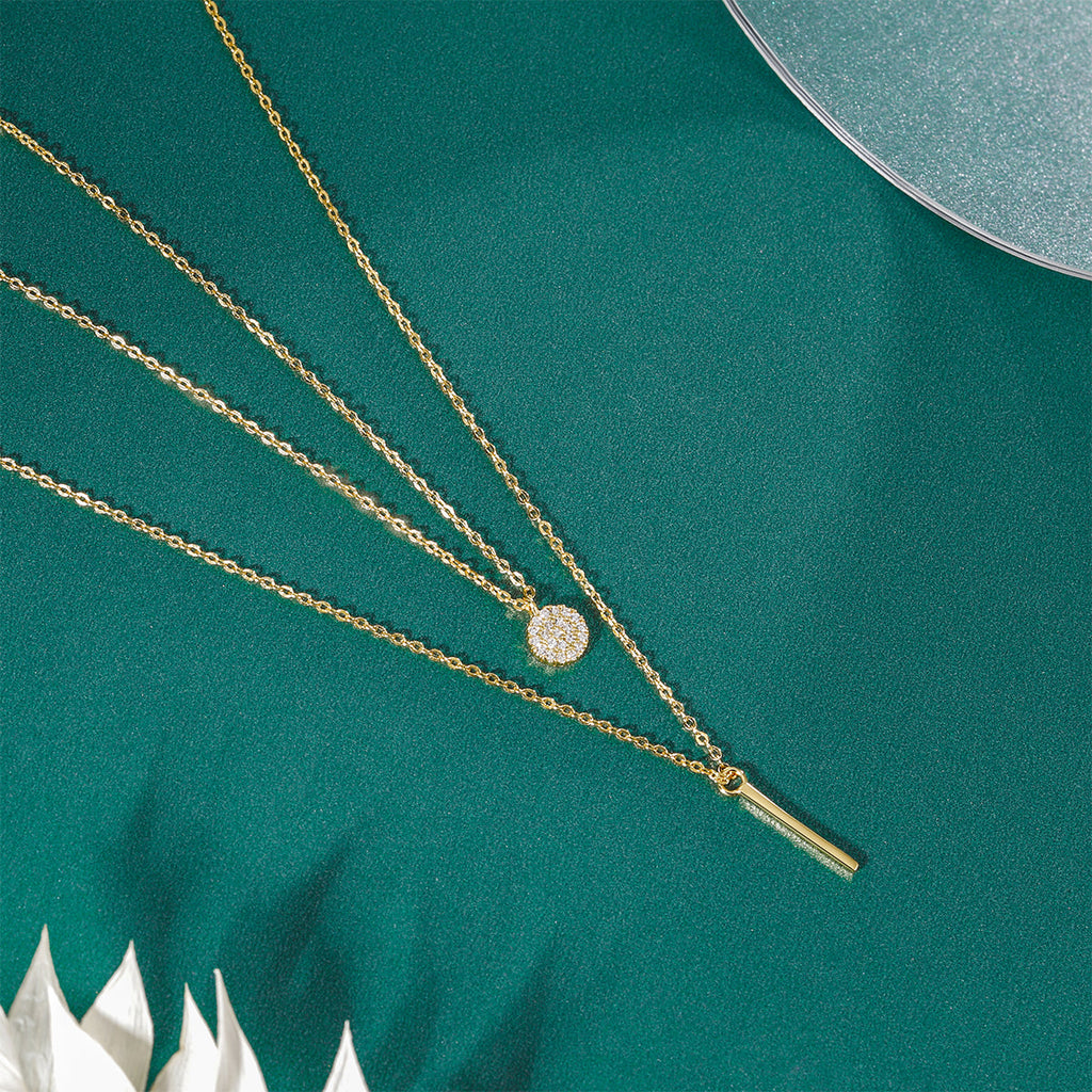 Double-Layer Gold Necklace with Zircon Pendant