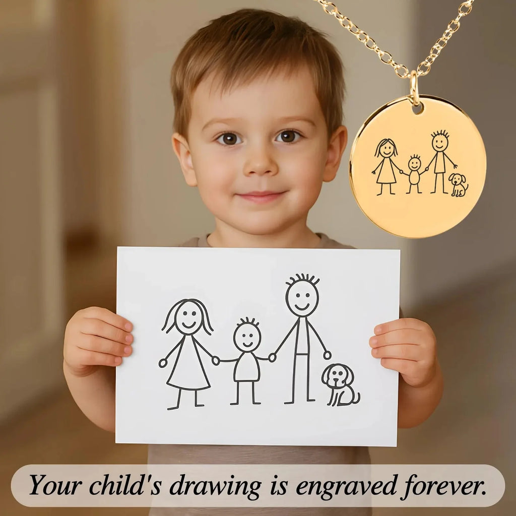 Personalized child’s drawing necklace made from kids artwork in stainless steel
