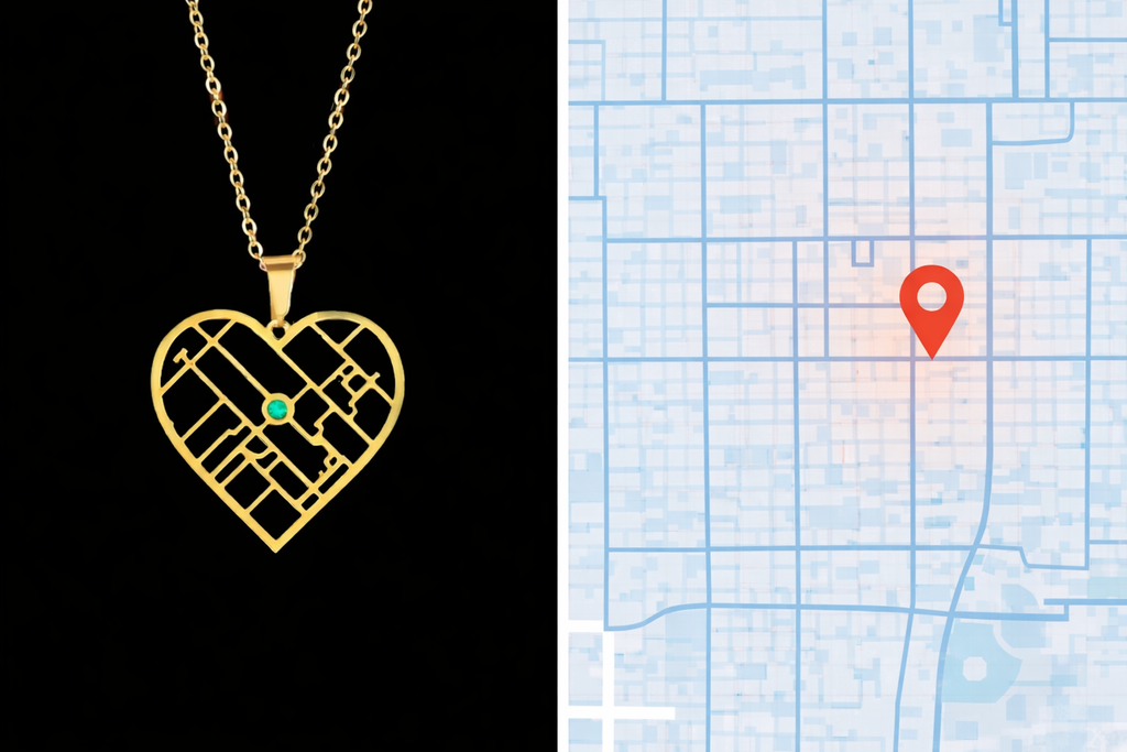 Personalized heart map coordinate necklace with birthstone in stainless steel