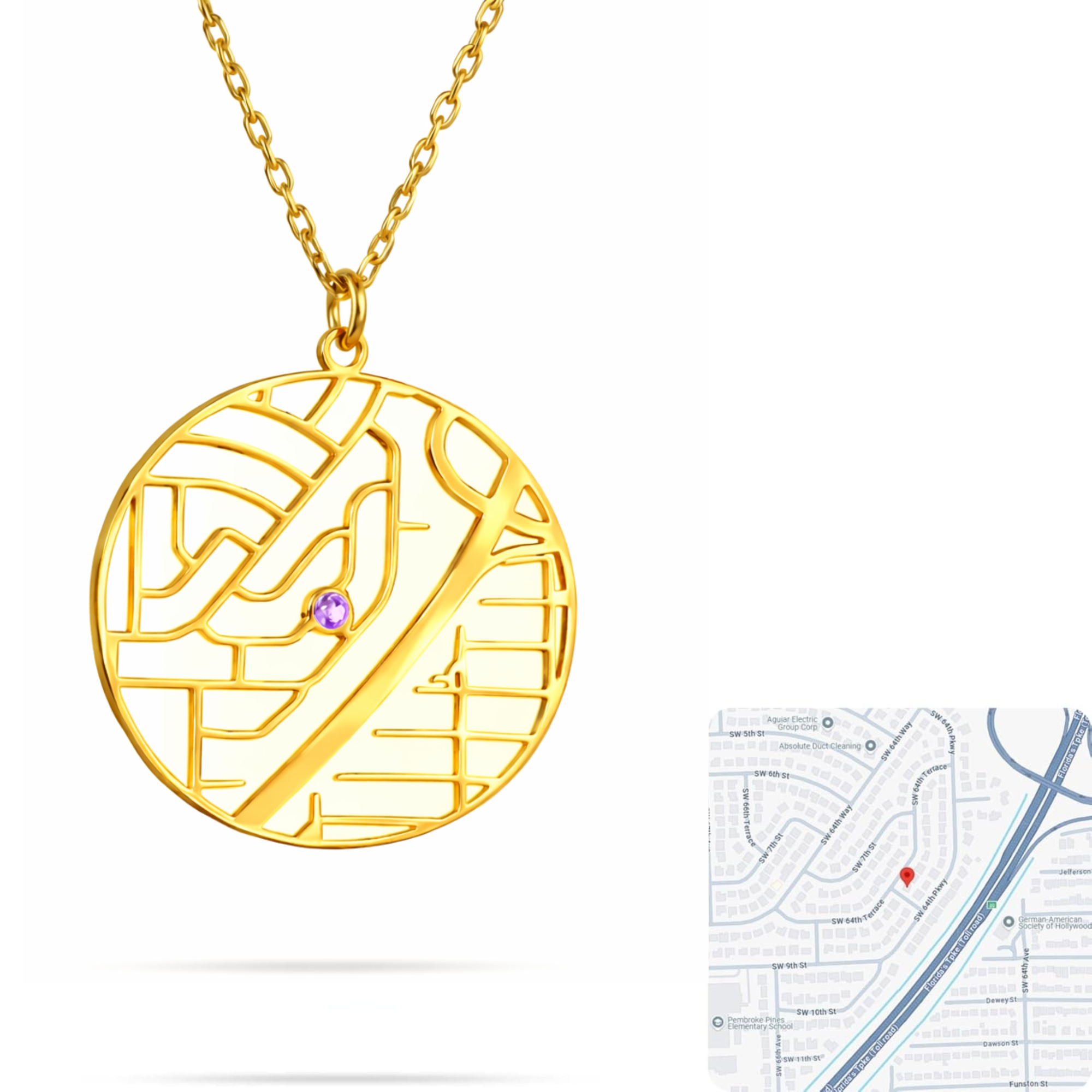 Personalized heart map coordinate necklace with birthstone in stainless steel