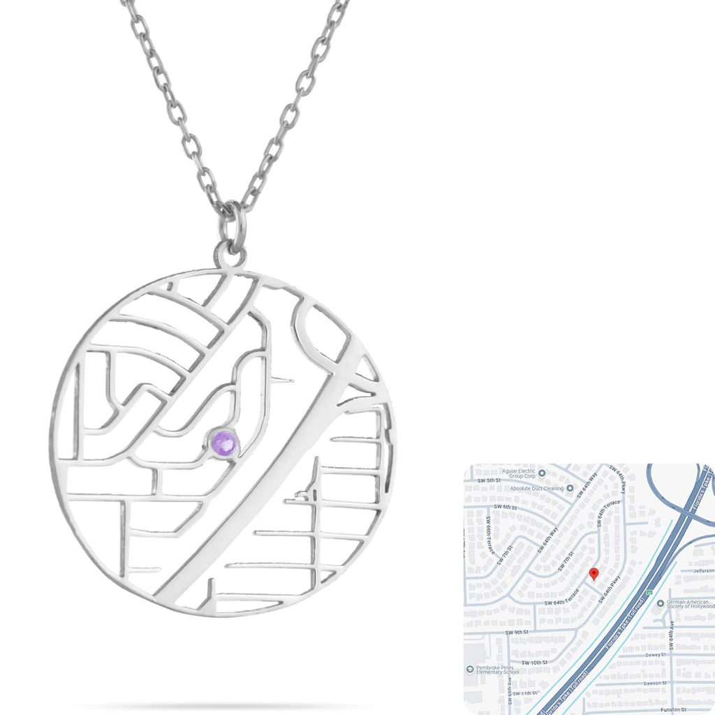 Personalized heart map coordinate necklace with birthstone in stainless steel