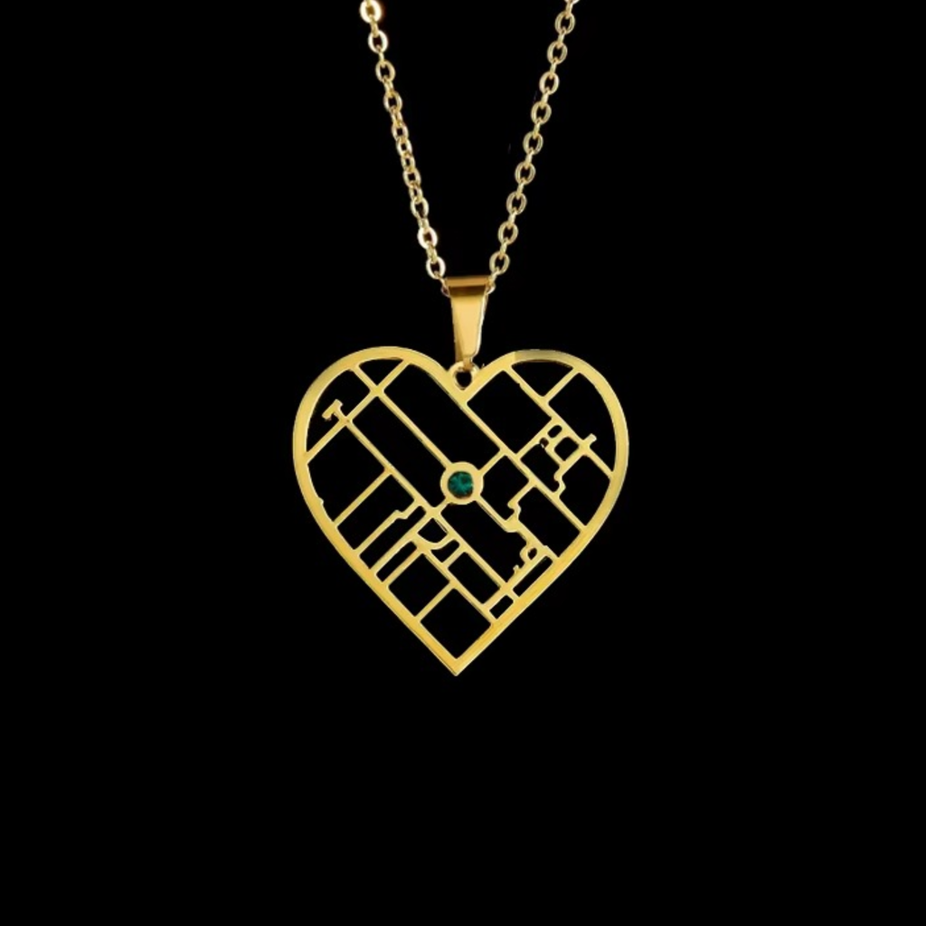 Personalized heart map coordinate necklace with birthstone in stainless steel