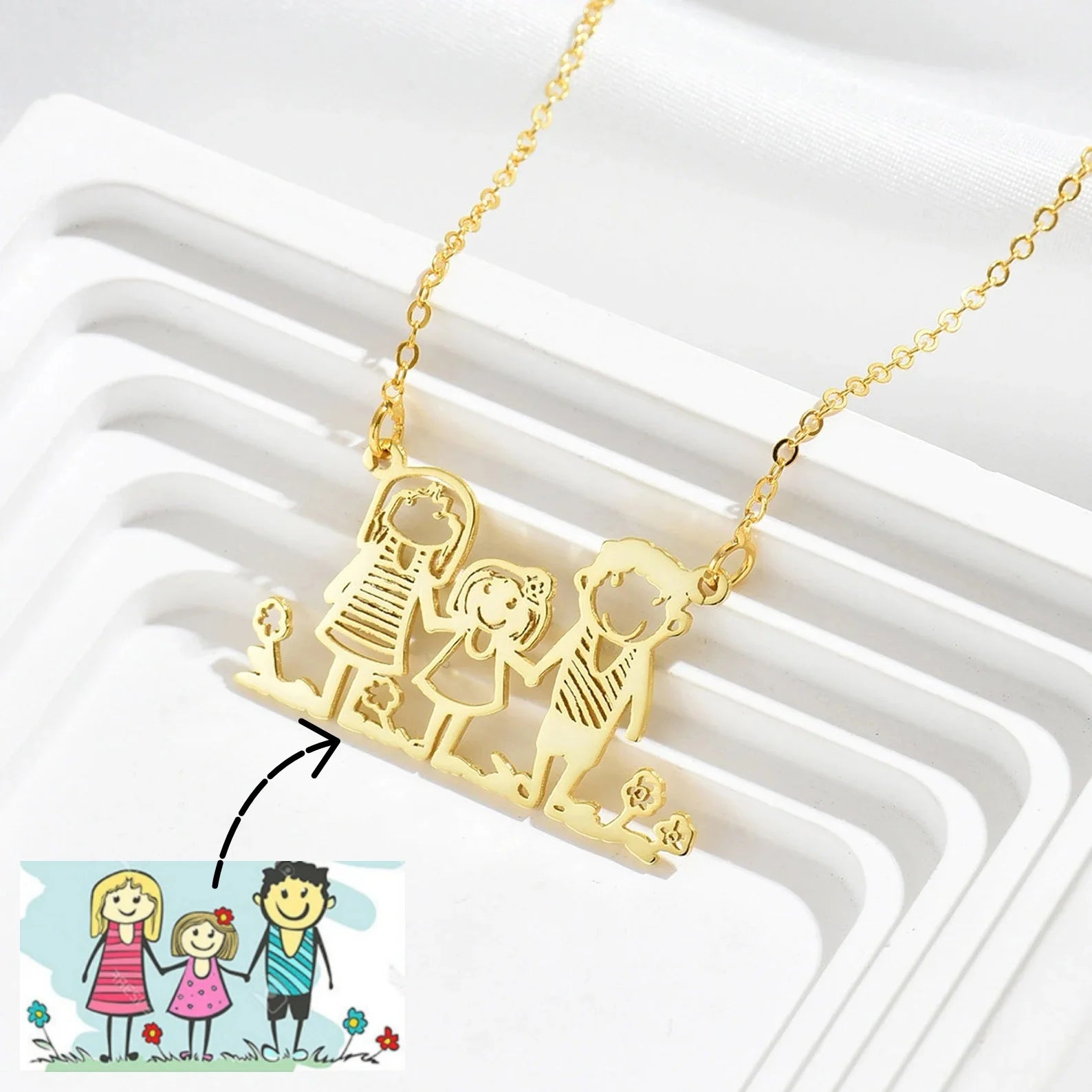 Personalized kids drawing necklace made from child artwork, custom family jewelry in stainless steel