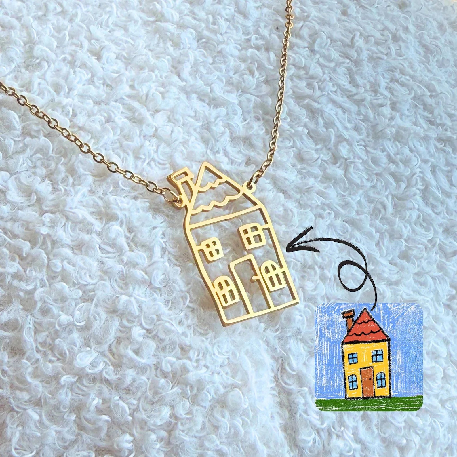 Personalized kids drawing necklace made from child artwork, custom family jewelry in stainless steel