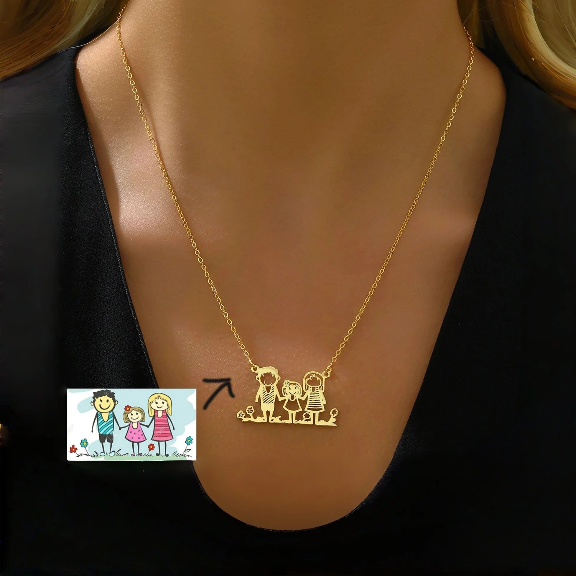 Personalized kids drawing necklace made from child artwork, custom family jewelry in stainless steel