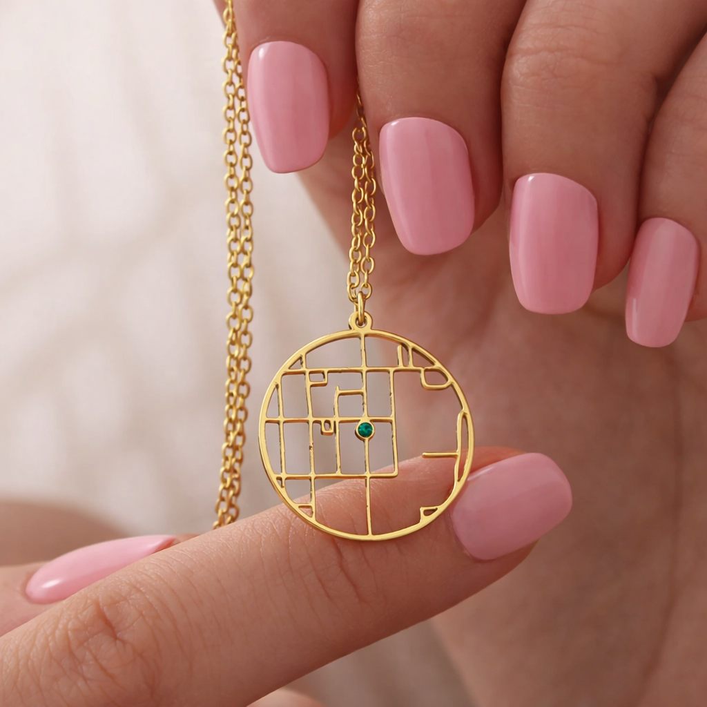 Personalized map coordinates necklace with GPS location pendant in stainless steel